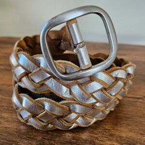 J.Jill Vintage Aged Silver Brown Painted Leather Braided Belt Wide Statement L